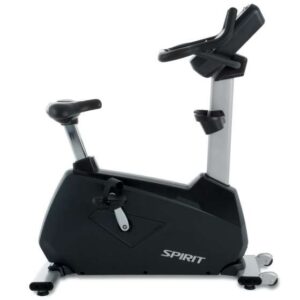 "SPIRIT stationary exercise bike with black and silver frame, padded seat, handlebars, and cup holder attached below the console
